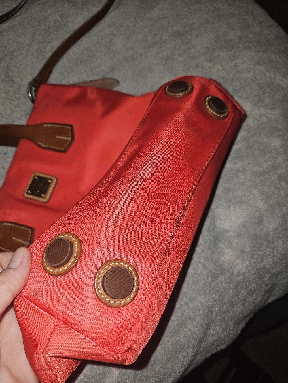 Dooney & Bourke Red Nylon Crossbody with Brown Leather Trim - Picture 4 of 8